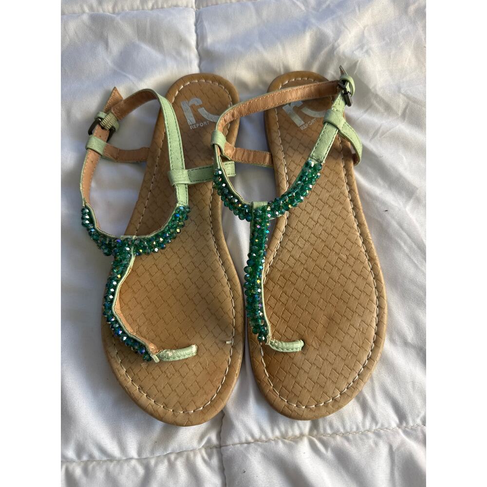 Report Highball Women’s Rhinestone T-Strap Sandals Size 7.5 Green Beaded